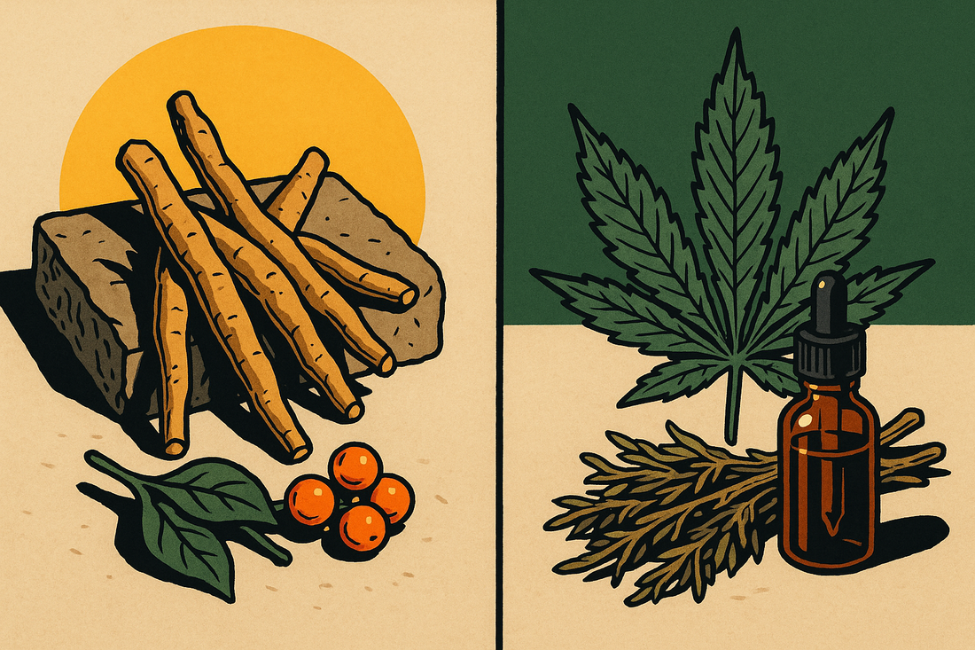 Calmosis editorial illustration for the article "Ashwagandha vs. CBD for Stress: Which One Do You Actually Need?"