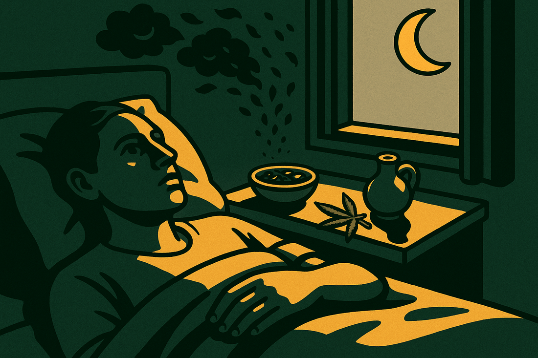 A person lying awake at night with a restless mind, exploring Ayurveda for sleep and racing thoughts