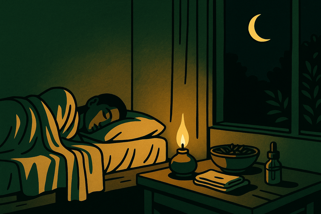 Ayurvedic habits for better sleep - a woman resting peacefully with herbs and warm oil nearby