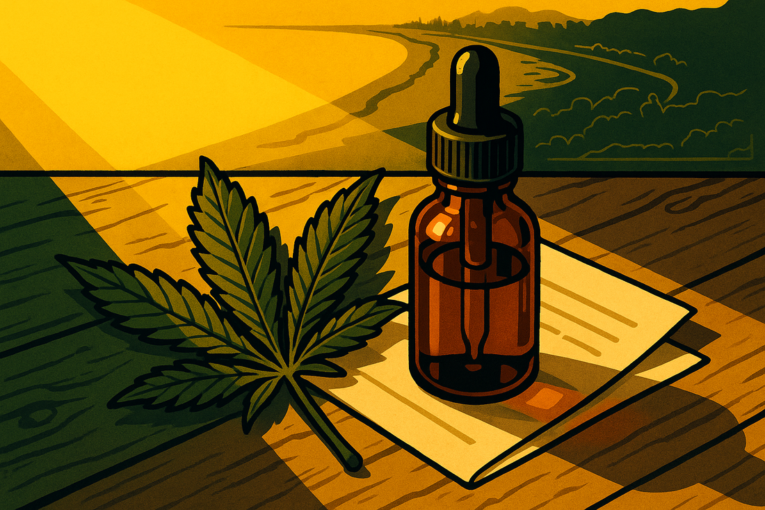 Calmosis Vijaya wellness oil bottle with Chennai cityscape, cannabis oil Chennai delivery guide 2026