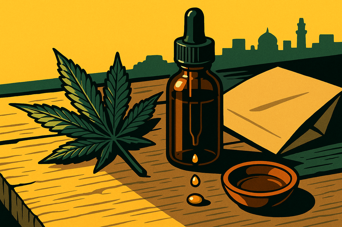 Calmosis Vijaya wellness oil with cannabis oil Ludhiana delivery packaging on a calm neutral background