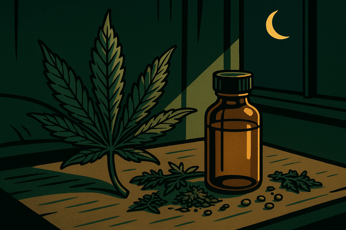 Calmosis editorial illustration for the article "Cannabis oil for sleep: what Ayurveda and current research actually say"