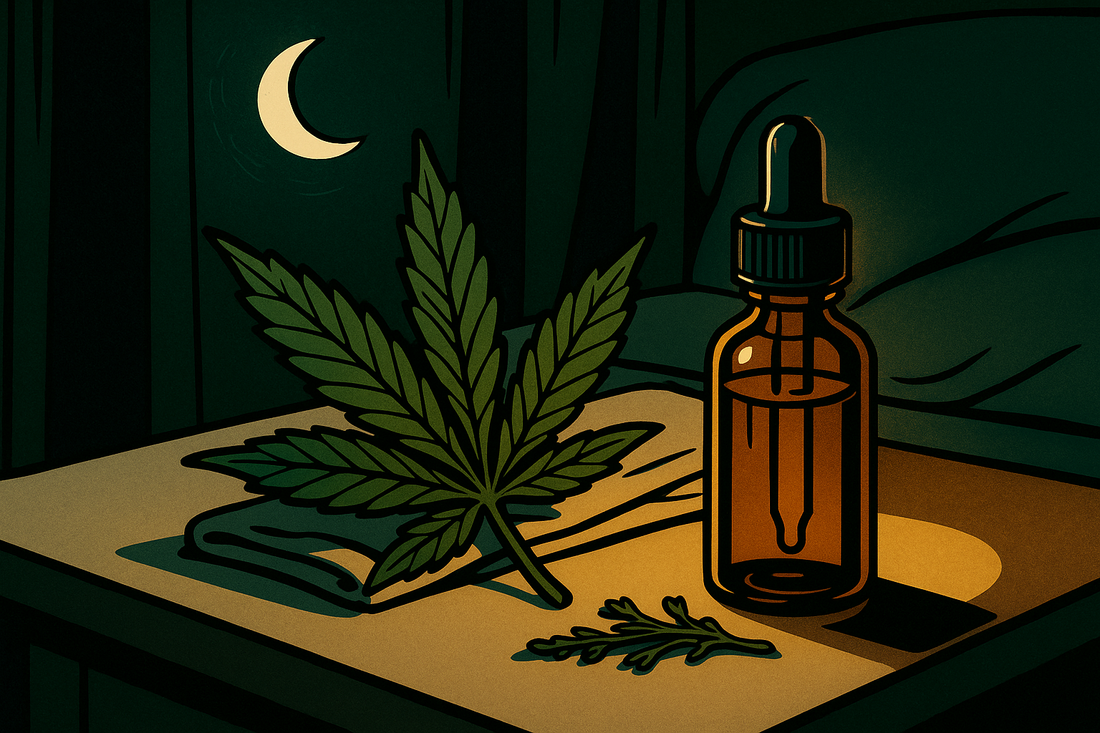 Calmosis editorial illustration for the article "Vijaya oil for sleep: what Ayurveda says and how it may help you rest better"