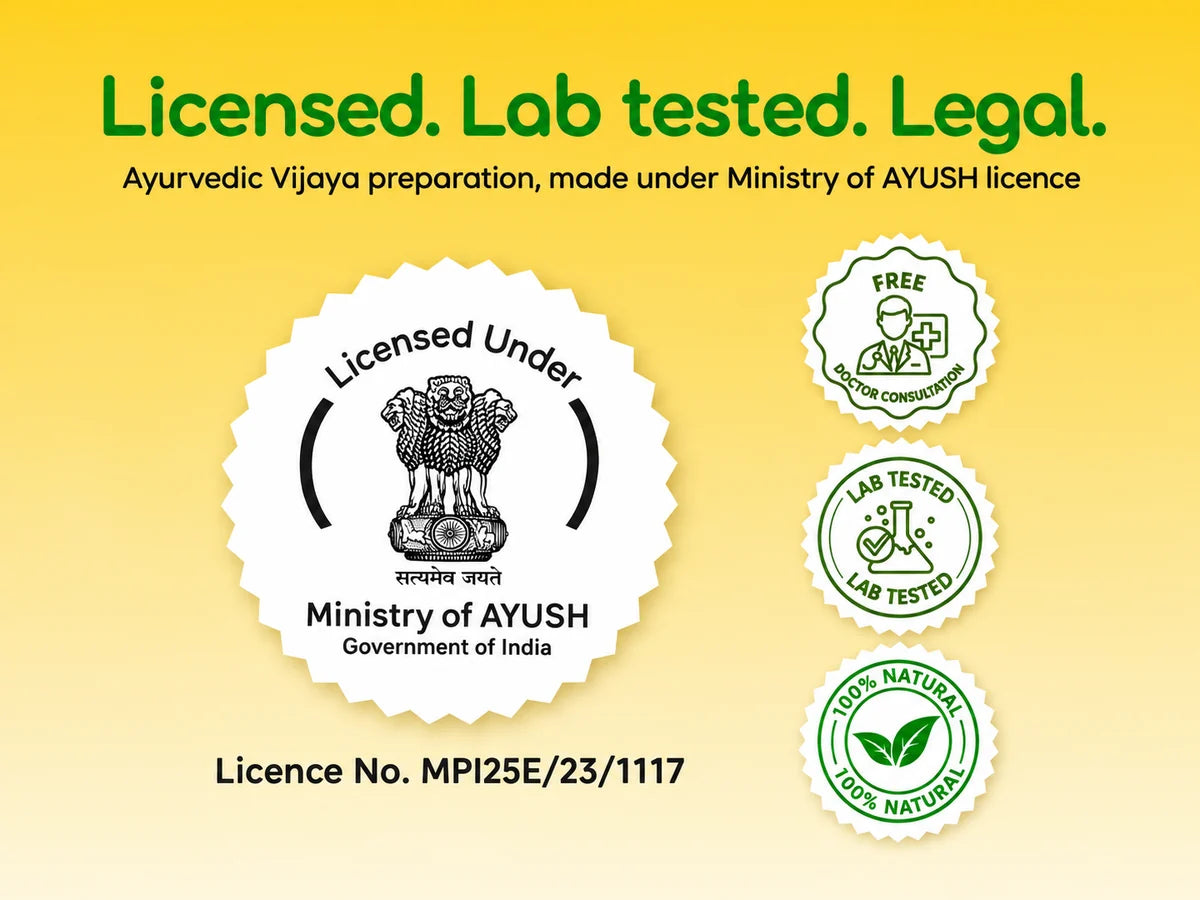 Licensed under the Ministry of AYUSH, licence number MPI25E/23/1117, lab tested and 100% natural, with free doctor consultation