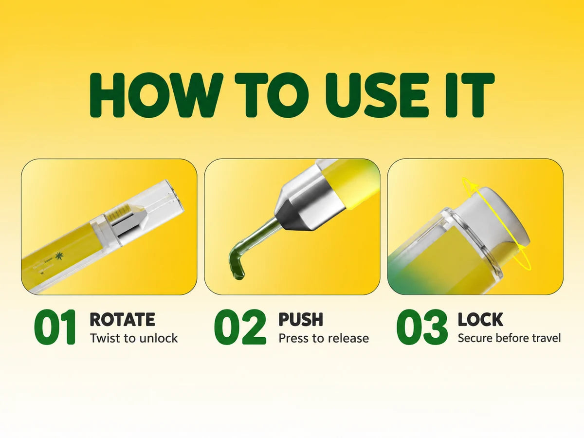 How to use the dropper: rotate to unlock, push to release, lock before travel