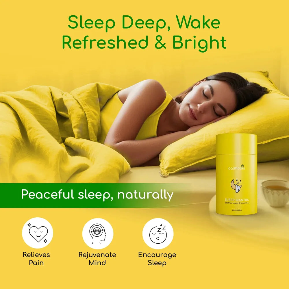 A woman sleeping peacefully, with Sleep Mantra on the bedside table